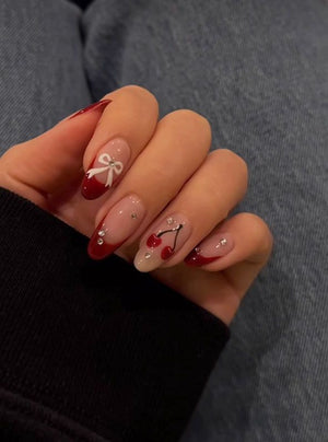 Summer Diamonds And 3D Cherry Bow Knot French Acrylic Nails