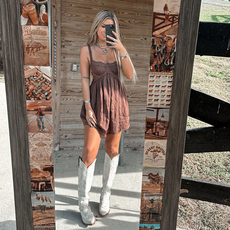 Chestnut Brown Mocha Babydoll Lace Edge Dress