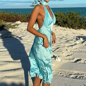 Celebrity Fashion Pleated Long Silky Halter Cocktail Dress