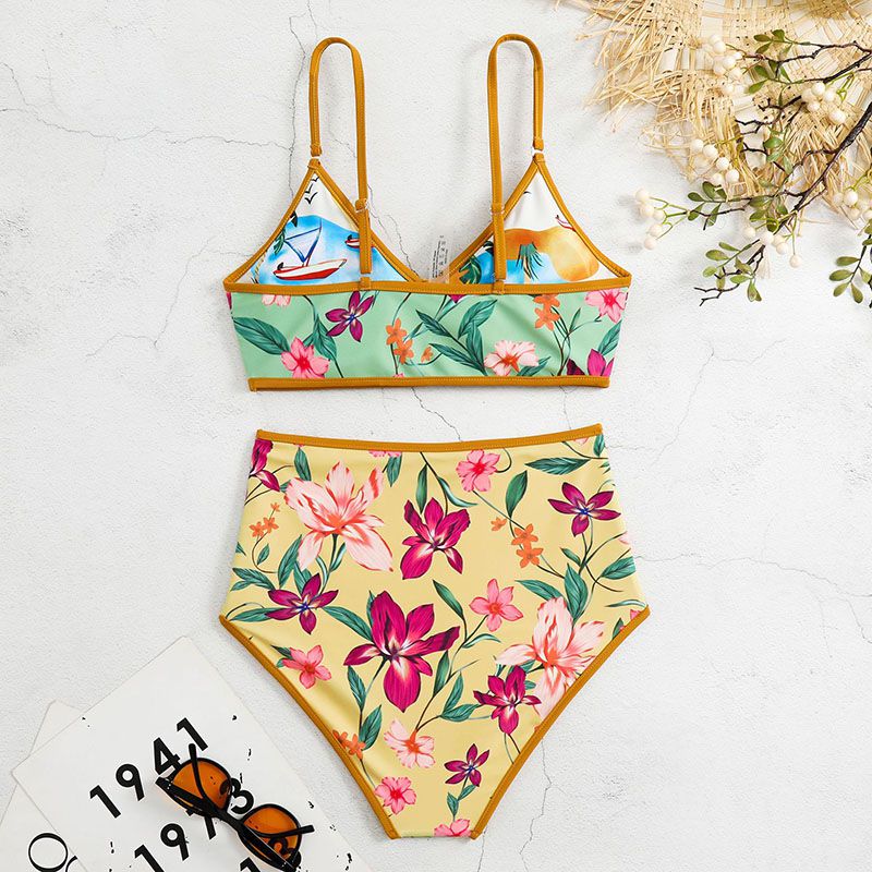 Reverse Two Sides Block Trim Tropical Floral High Waist Tummy Control Swim Suit