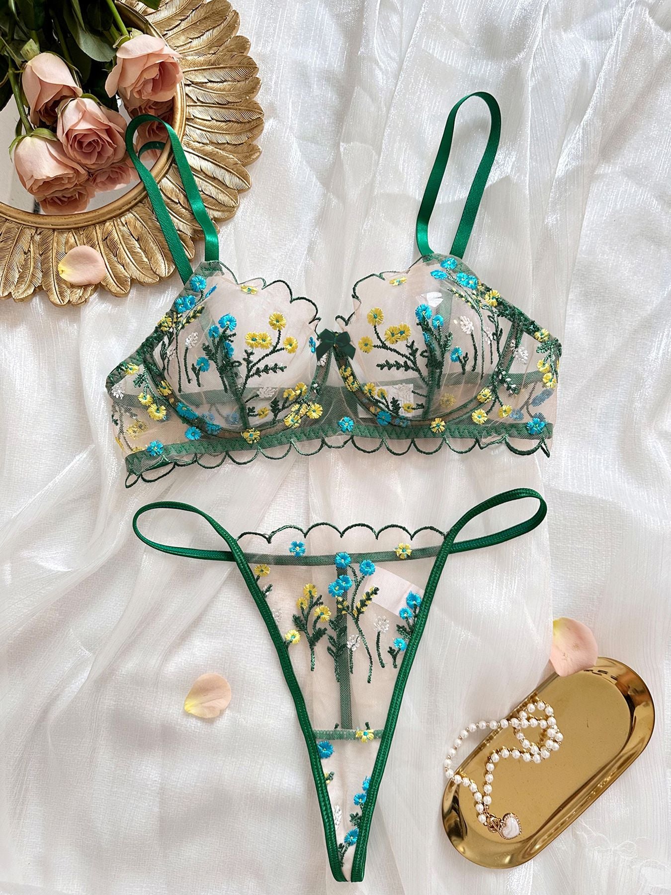 Sexy Honeymoon Floral Embroidery Lace Bralette Set