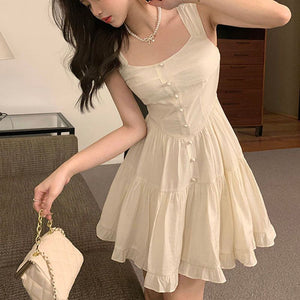 Cottage Core Fairy Thick Strap White Princess Dress With Ruffles