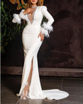 Formal Feather Sequin Gorgeous White Mesh Slit Prom Dress