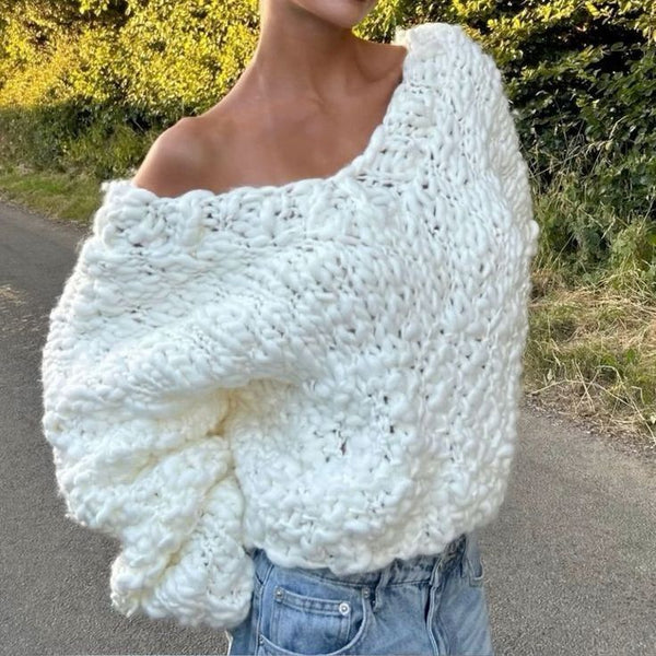 Chunky Cable Knit V Neck Popcorn Sweater Jumper