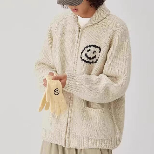 Cute Designer Smiley Face Zip Up Cardigan Sweater