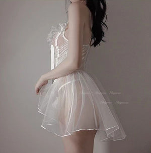 Sexy Sweet Sheer Mesh Floral Lace Ruffle Body Suit With Skirt