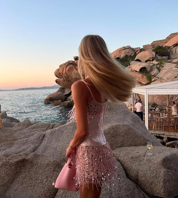 Jasmin Hand Beaded Cami Tank And Mini Skirt Set