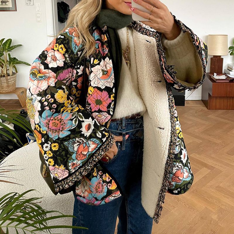 Fur Shearling Block Ruffle Edges Flowers Quilted Floral Patchwork Bomber Jacket