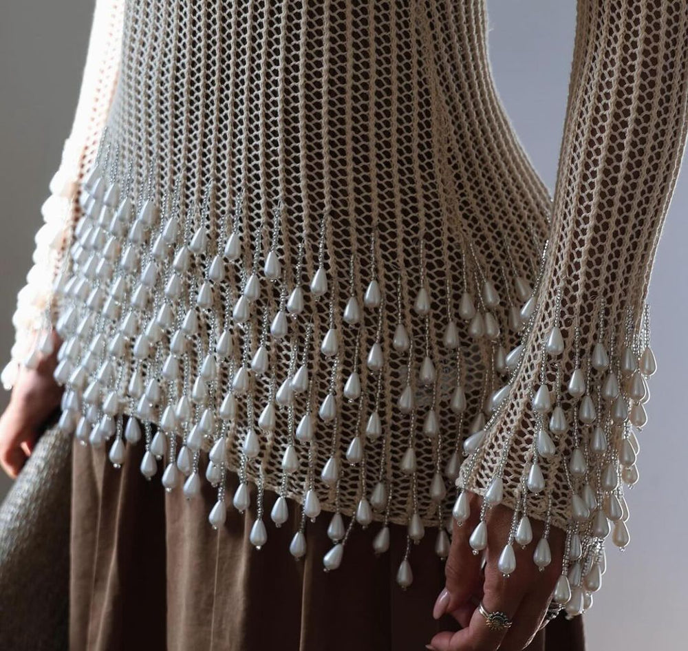 Luxury Semi Mesh KNIT DRESS WITH FRINGING AND FAUX PEARL BEADS sunifty Luxury Semi Mesh KNIT DRESS WITH FRINGING AND FAUX PEARL BEADS sunifty