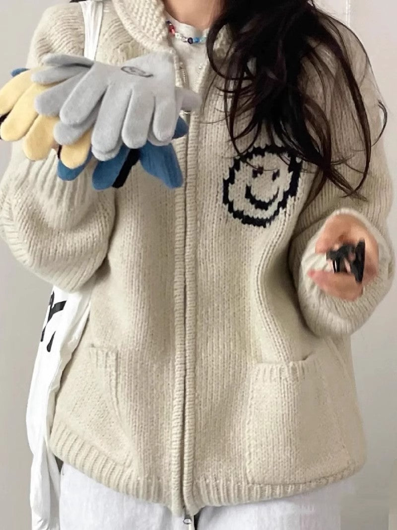 Cute Designer Smiley Face Zip Up Cardigan Sweater