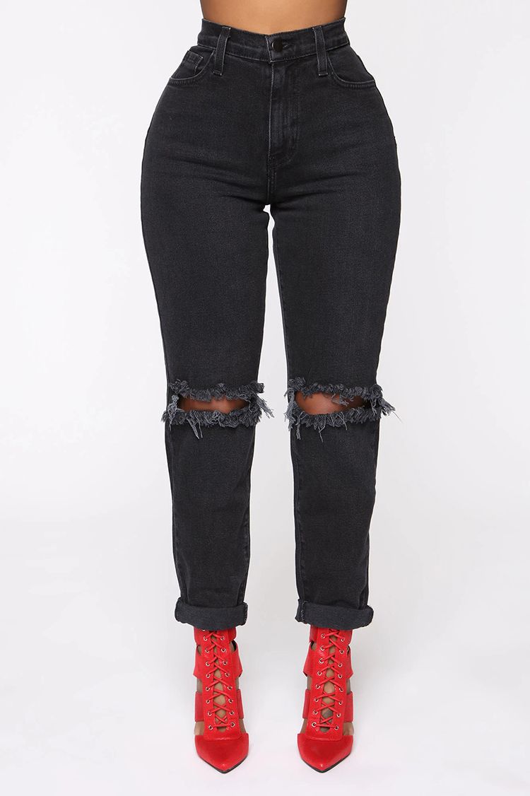 Ripped Knee Holes Distressed Denim Jeans With Holes