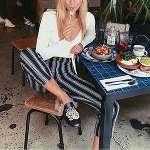 Tie Waist Belted Cigarette Trousers Striped Pants