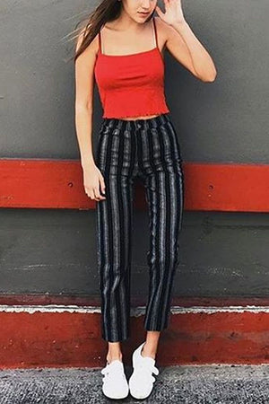 Tie Waist Belted Cigarette Trousers Striped Pants