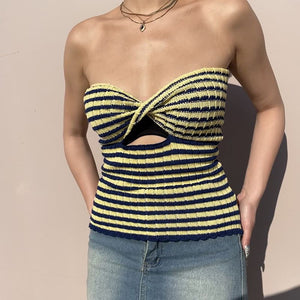 Rainbow Stripes Crinkle Smocked Cut Out Twisted Strapless Top Longline Bandeau