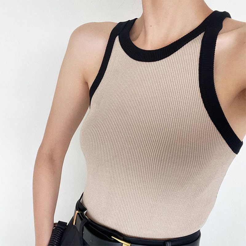 Elastic Ribbed High Neck Crop Tank Top Racerback Workout Tanks