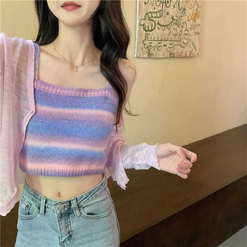 Ombre Knitted Tank Sweater Color Block Stripe Knit Sleeveless Summer Tops