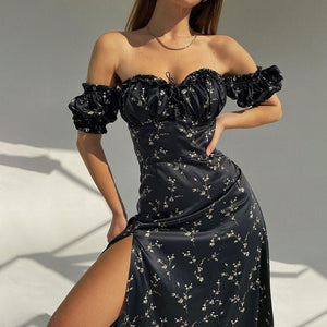 Vintage Floral Afternoon Tea Garden Off Shoulder High Slit Cottage Core Dress