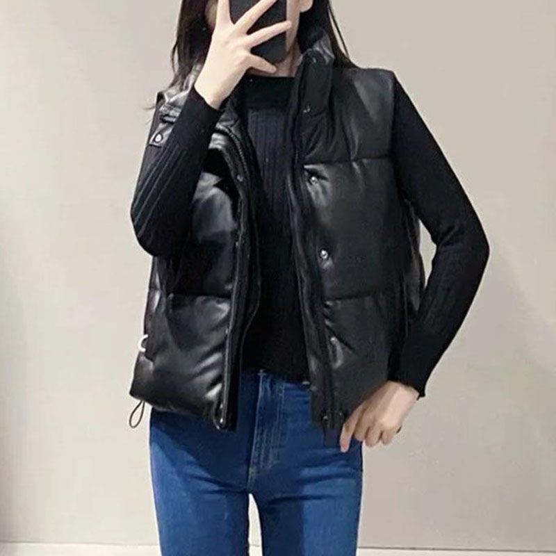 Waterproof Patent Faux Leather Quilted Vest Gilet High Collar Bodywarmer