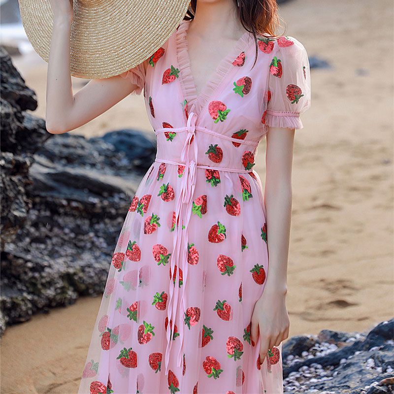 Sparkly Sequin Strawberry Midi Dress Ruffle Mesh Tulle Ball Gown