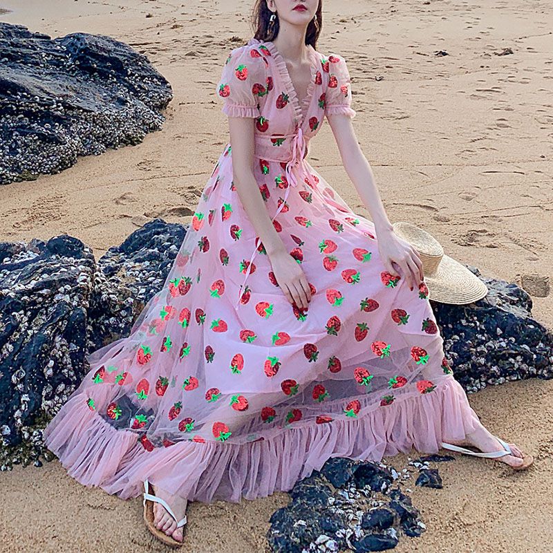 Sparkly Sequin Strawberry Midi Dress Ruffle Mesh Tulle Ball Gown – sunifty