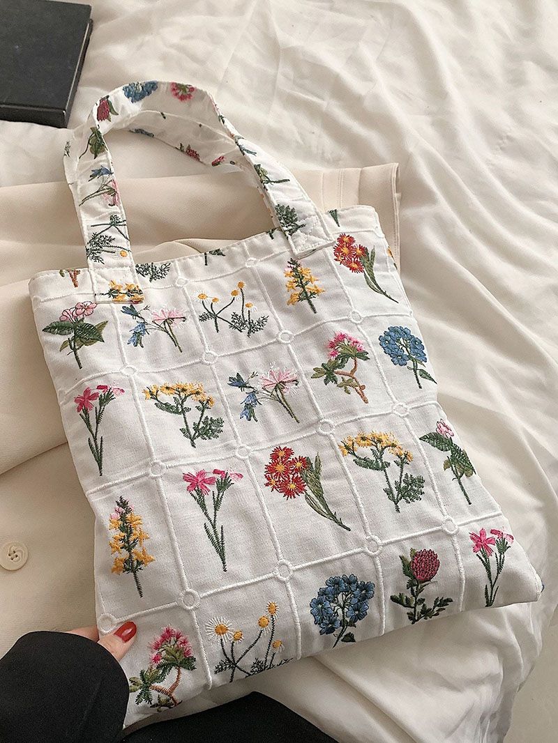 Boho Embroidered Canvas Tote Bag With Daisy Embroidery Handbag