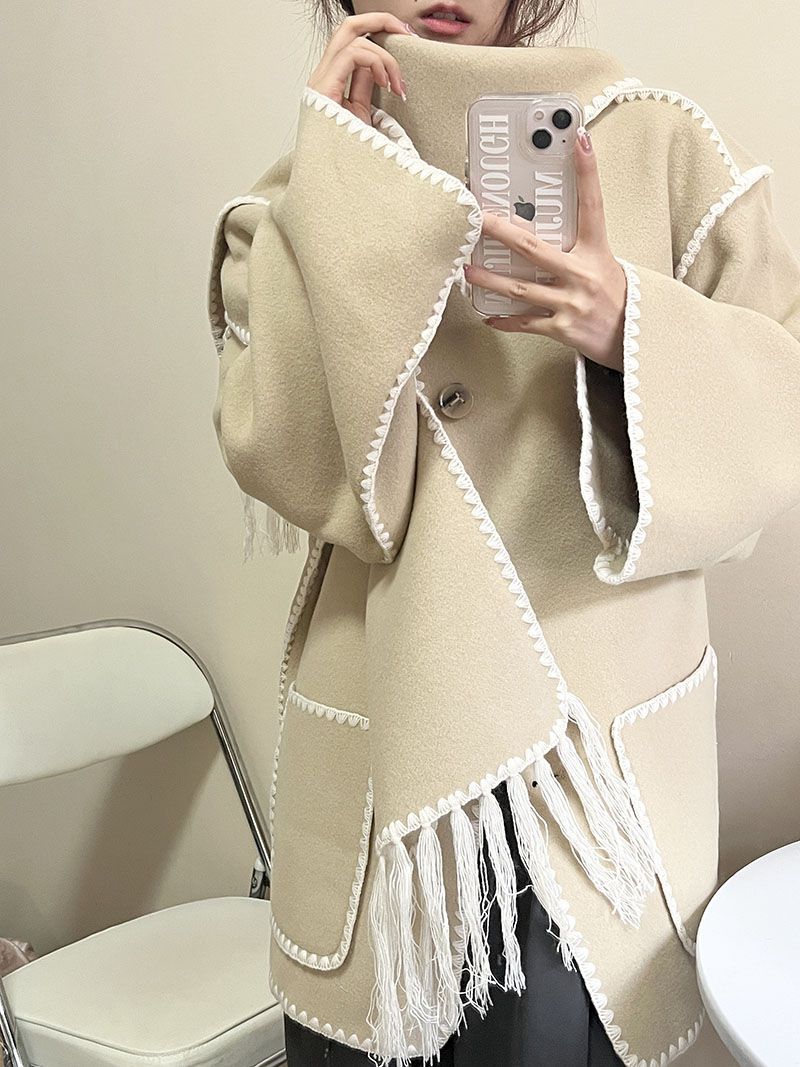 Embroie Draped Fringed Tassel Wool Blend Scarf Jacket Outerwear