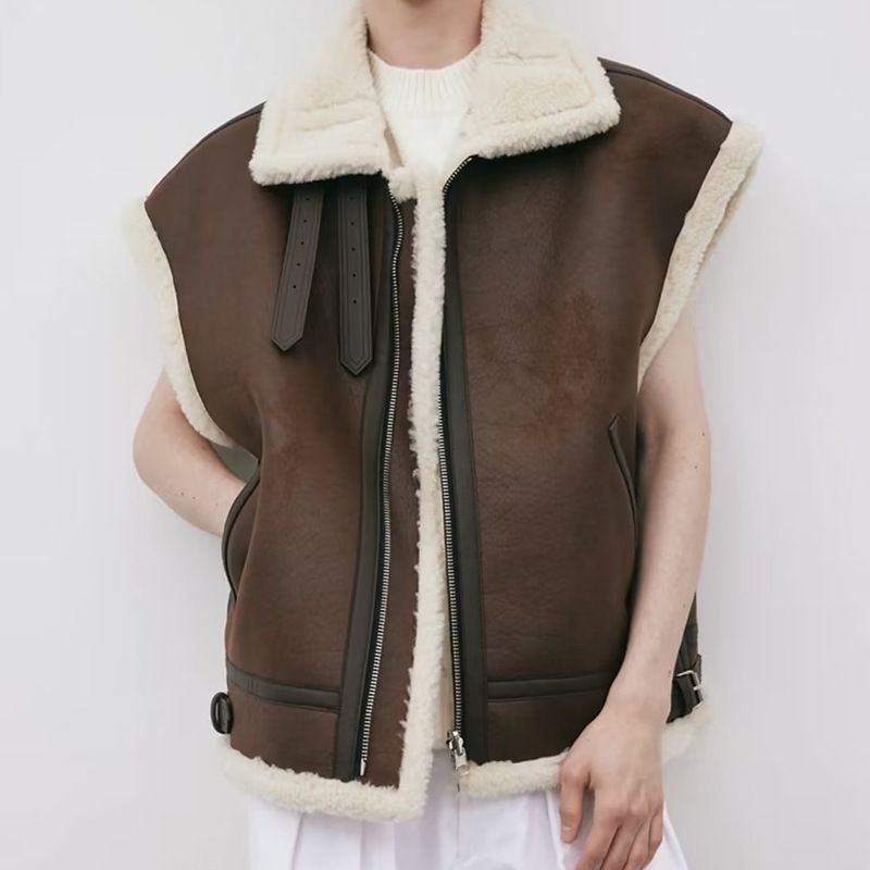 Oversized Pleather Faux Fur Shearling Vest Jacket Fur Collar