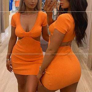 Rib Knotted Patchwork Side Cut Out Short Sleeve Bodycon Dress