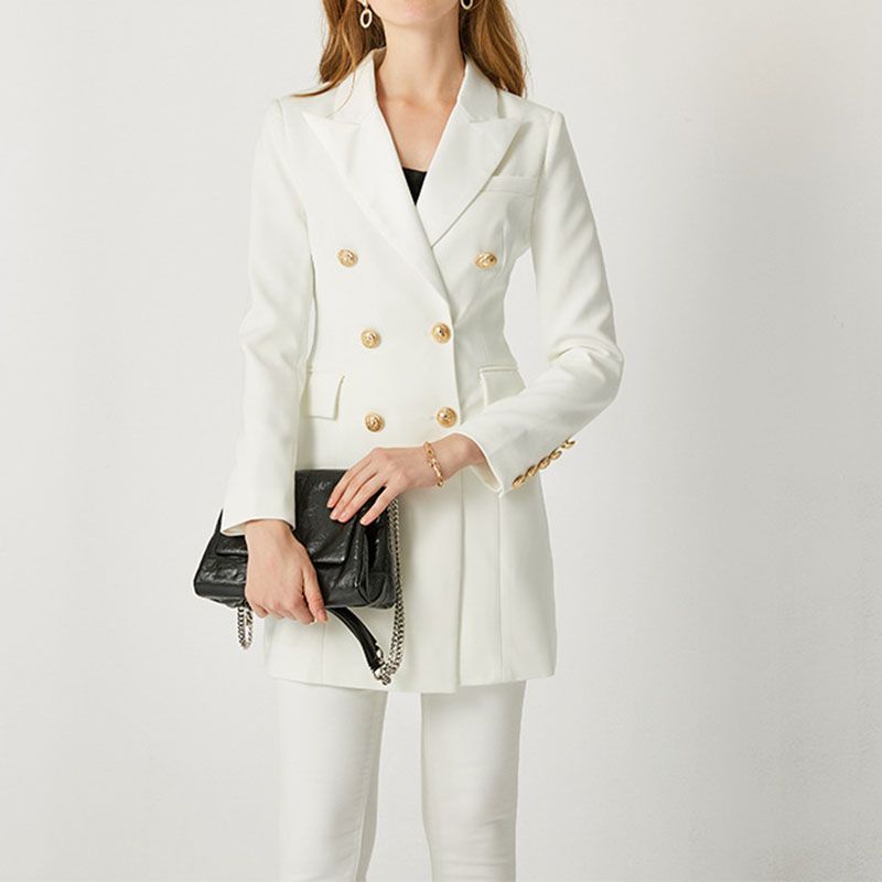 Tailored Satin Collar Blazer Dress Double Breasted Work Jacket Dress