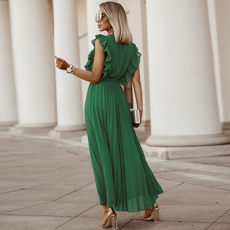 Classic Flutter Ruffle Sleeve Pleated Chiffon Maxi Occasion Dress – sunifty