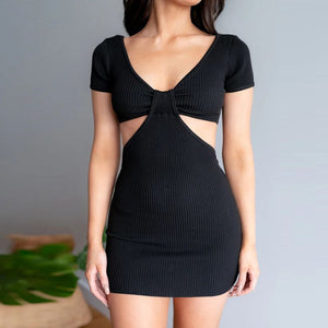 Rib Knotted Patchwork Side Cut Out Short Sleeve Bodycon Dress
