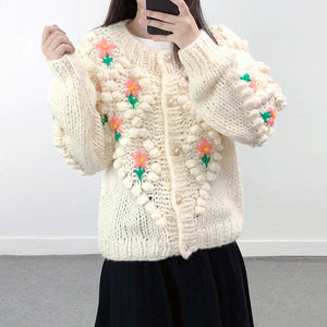 Stitch Floral Embroidered Diamond Pom Pom Hand Cable Knit Cardigan Sweater
