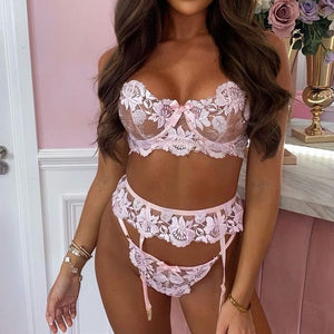 Sexy Garter Belt Embroidery Lace Stitch Intimates Three Piece Lingerie Set Underwear