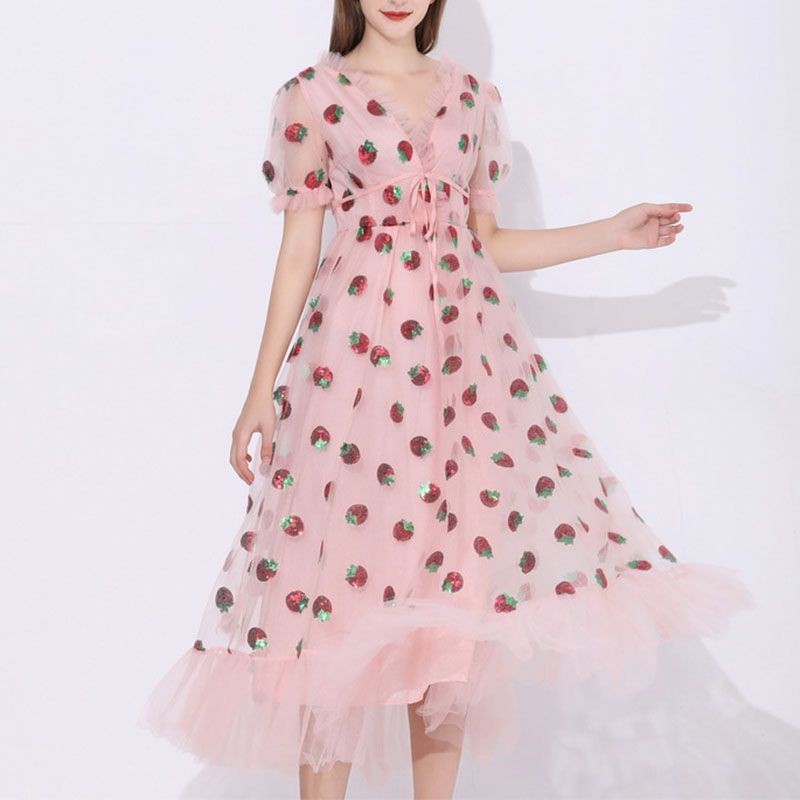 Sparkly Sequin Strawberry Midi Dress Ruffle Mesh Tulle Ball Gown