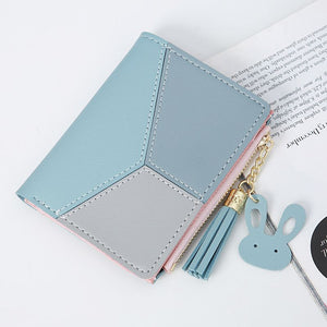 Compact Faux Leather Bi Fold Zipper Pocket Wallet Color Block Credit Card Wallets