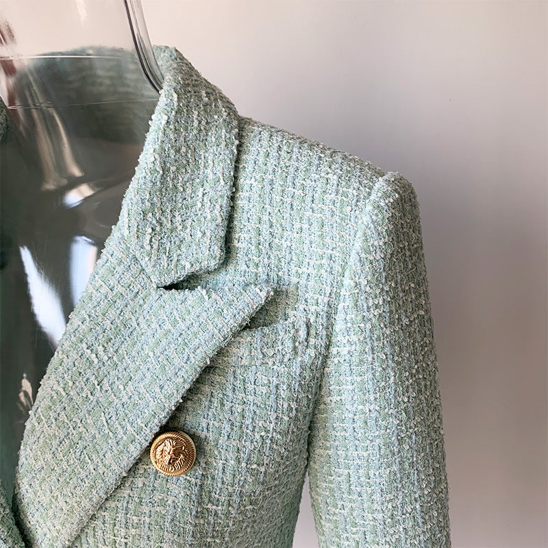 Wool Blended Classy Double Breast Tweed Short Blazer Jacket