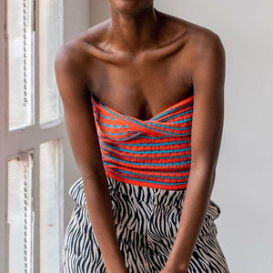 Rainbow Stripes Crinkle Smocked Cut Out Twisted Strapless Top Longline Bandeau