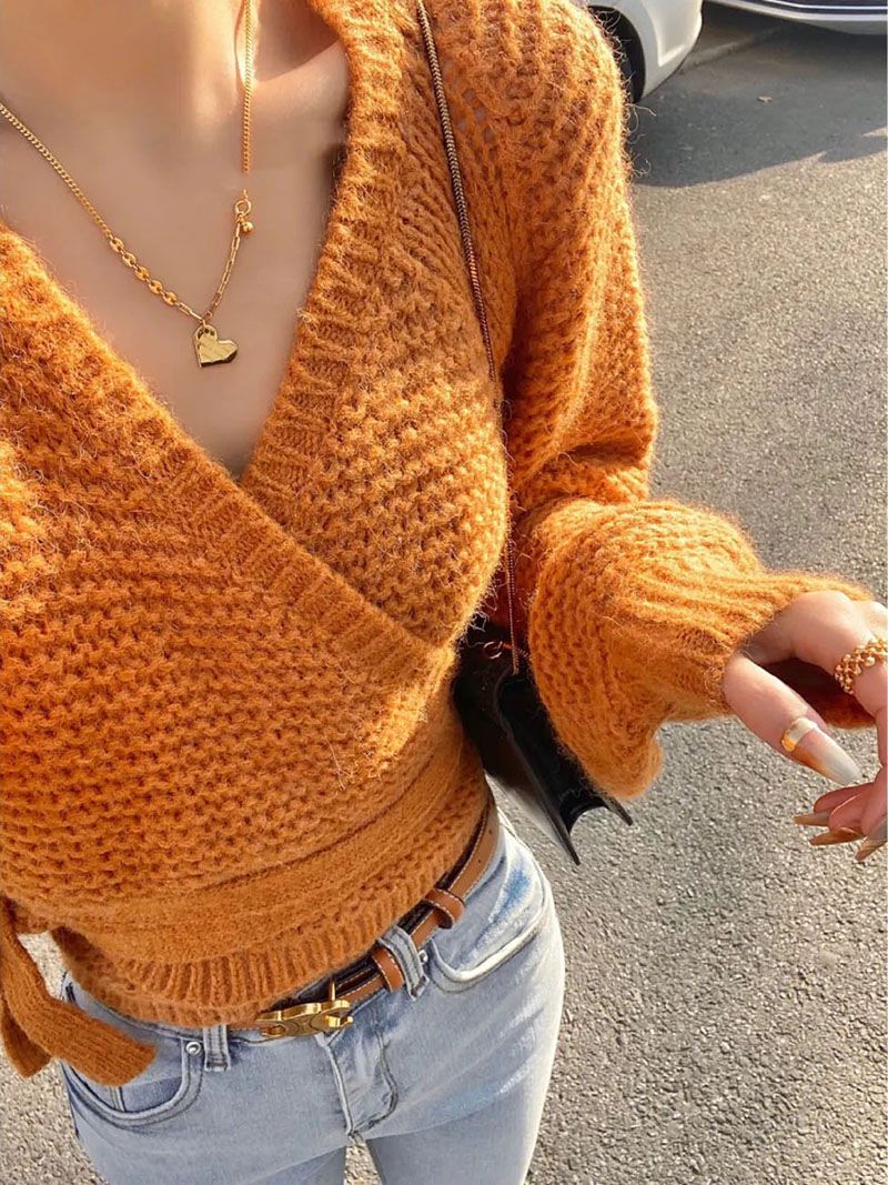 Oversized Tie Back Knitted Wrap Front Sweater Crop Tops