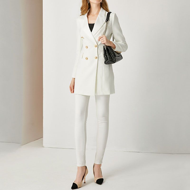 Tailored Satin Collar Blazer Dress Double Breasted Work Jacket Dress