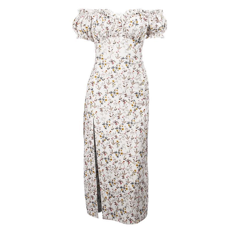 Vintage Floral Afternoon Tea Garden Off Shoulder High Slit Cottage Core Dress