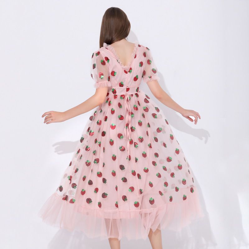 Sparkly Sequin Strawberry Midi Dress Ruffle Mesh Tulle Ball Gown