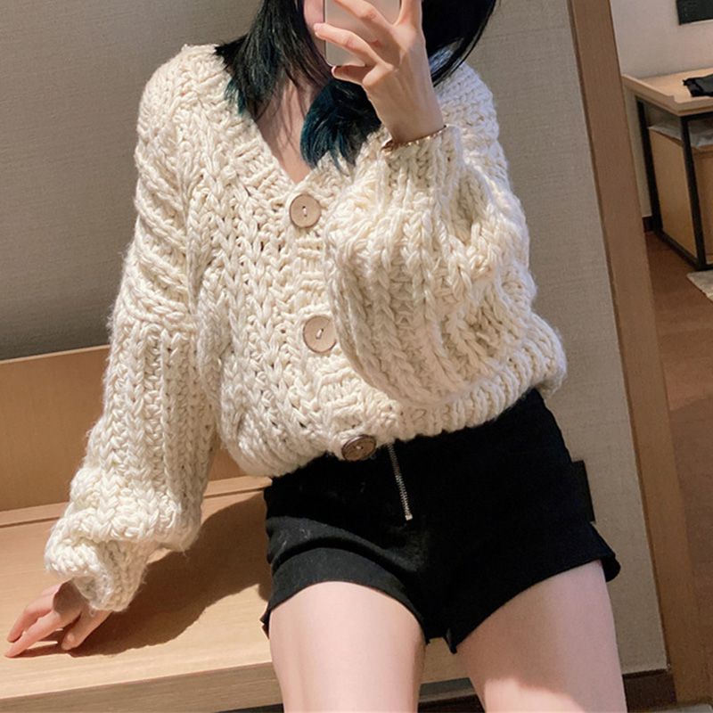 Hand Knitted Braid Chunky Cable Knit V Neck Button Crop Cardigan Sweater