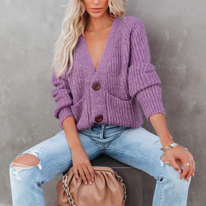 Casual Baggy Ribbed Knit V Neck Button Up Cardigan Sweater With Pocket