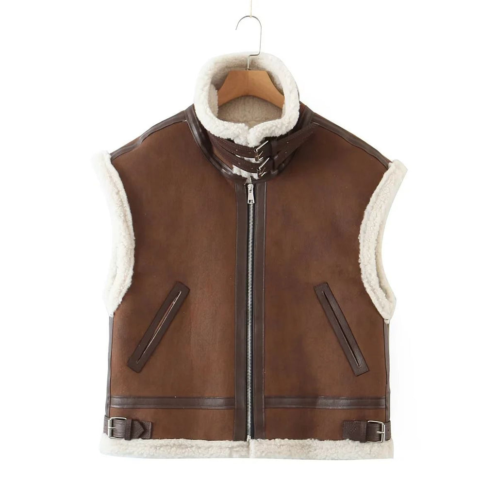 Oversized Pleather Faux Fur Shearling Vest Jacket Fur Collar sunifty