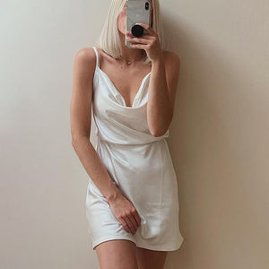 Cute Solid Color Cowl Neck Slip Long Satin Dress Low Back