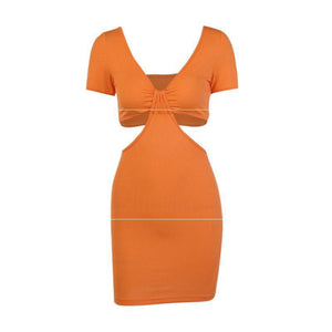 Rib Knotted Patchwork Side Cut Out Short Sleeve Bodycon Dress
