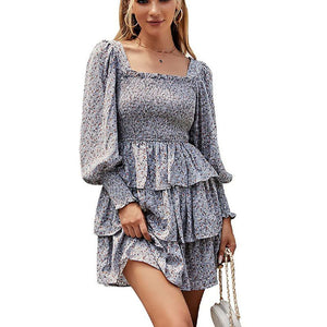 Square Neck Shirring Tiered Frill Layered Mini Dress Puff Sleeves