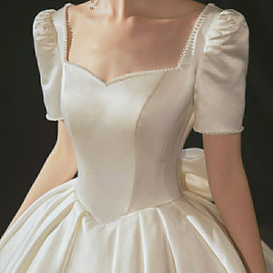 Premium Formal Vintage Pearls Embellished Back Lace Up Satin Prom Gown Dress