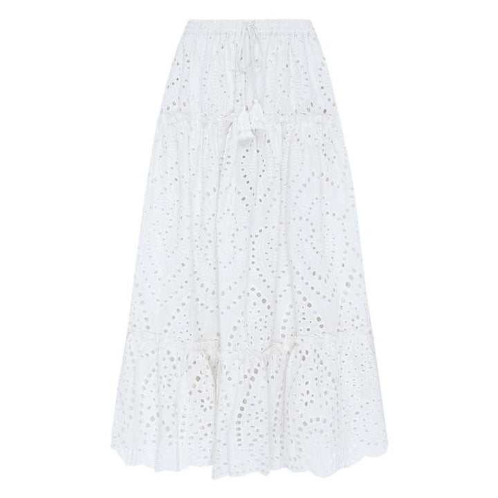 Boho Chic Eyelet Skirt High Elastic Waistband Ruffle Flowy Midi Skirts
