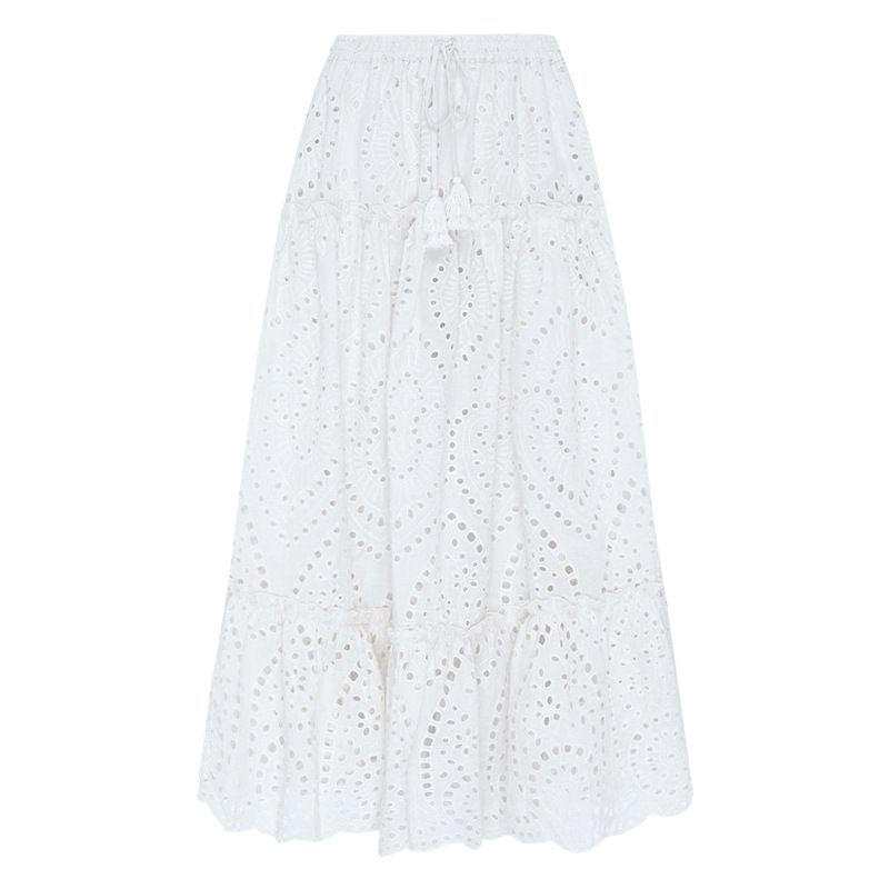 Boho Chic Eyelet Skirt High Elastic Waistband Ruffle Flowy Midi Skirts